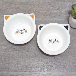 Vtg Cat Face Ceramic Pet Bowls Trinket Trays White Black Retro Heavy Duty Pair 2